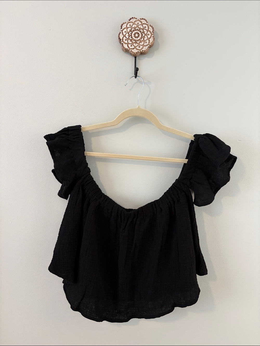 BUCKETLIST Black Ruffled Off-Shoulder Crop Top